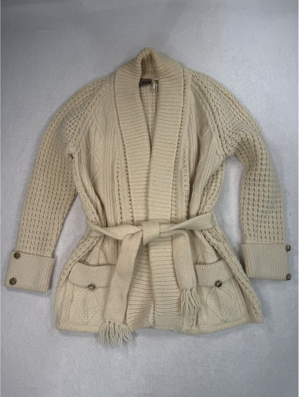Gaeltarra Vintage Irish Aran Shawl Collar Belted Cardigan Sweater Fisherman
